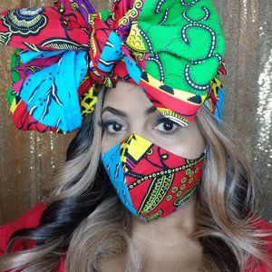 African Cotton Ankara Headwrap and Face Mask Set